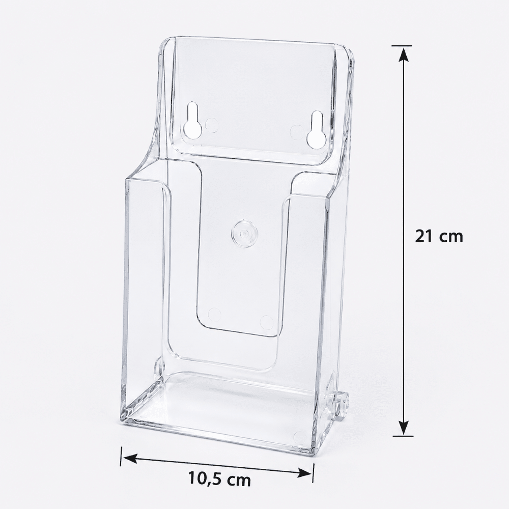 1/3 A4 Şeffaf Pleksi Broşürlük – Duvara Monte ve Masaüstü Kullanım (10,5x21cm)