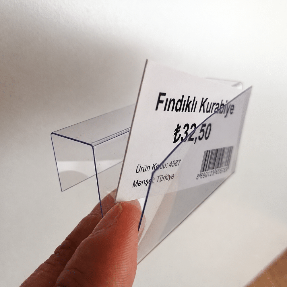 Ahşap Rafa Dik Geçmeli Şeffaf PVC Etiketlik 10x4cm – 18mm