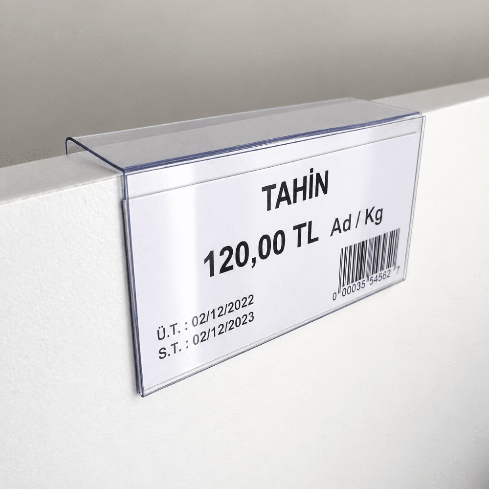 Ahşap Rafa Dik Geçmeli Şeffaf PVC Etiketlik 10x4cm – 18mm