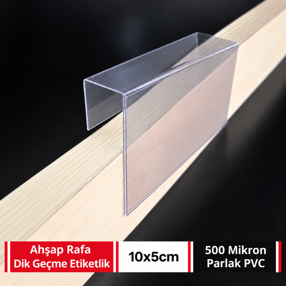 Ahşap Rafa Dik Geçmeli Şeffaf PVC Etiketlik 10x5cm – 18mm