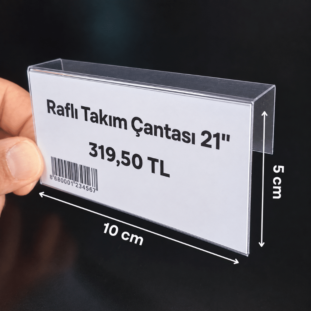 Ahşap Rafa Dik Geçmeli Şeffaf PVC Etiketlik 10x5cm – 18mm