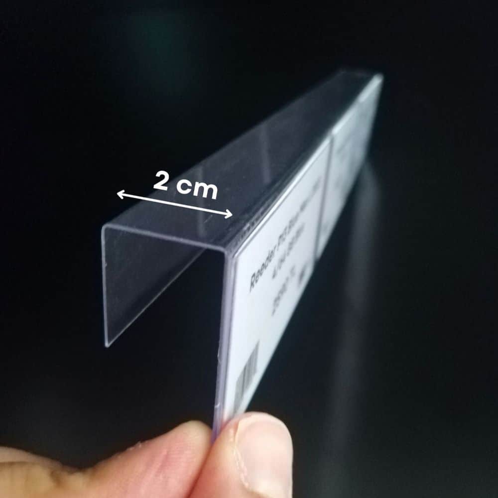 Ahşap Rafa Dik Geçmeli Şeffaf PVC Etiketlik 24x4cm – 18mm