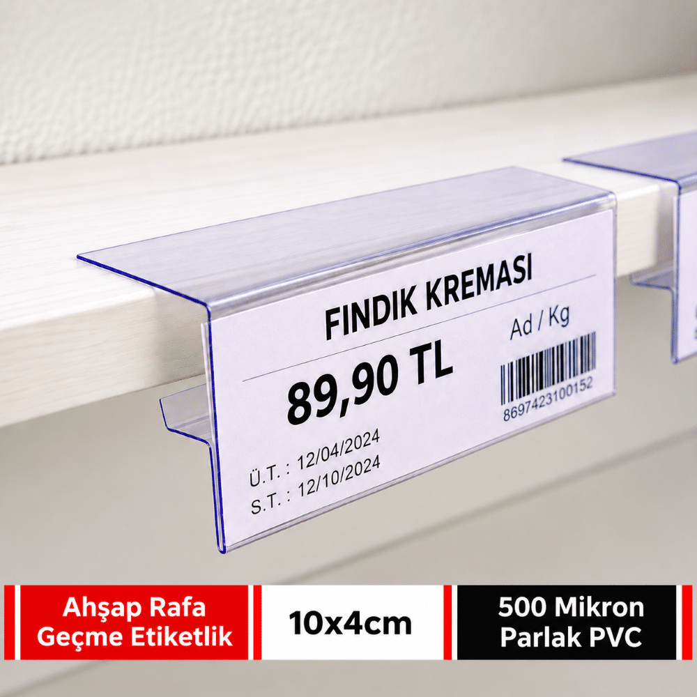 Ahşap Rafa Geçmeli Şeffaf PVC Etiketlik 10x4cm – 18mm