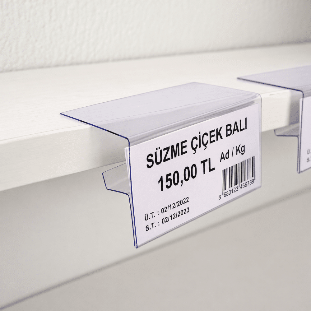 Ahşap Rafa Geçmeli Şeffaf PVC Etiketlik 8x4cm – 18mm
