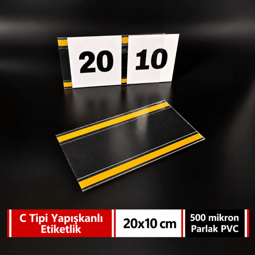 C Tipi Yapışkanlı PVC Şeffaf Etiketlik 20x10cm