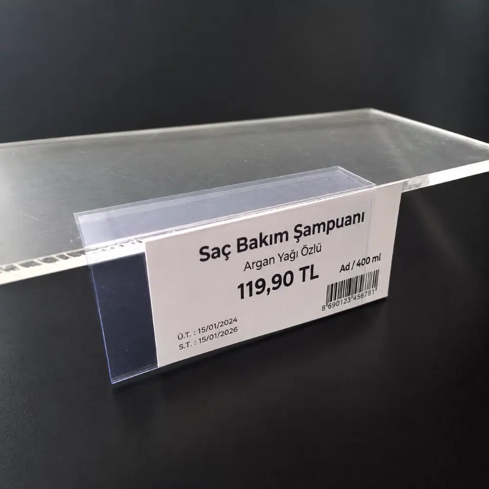 Cam Rafa Geçmeli Şeffaf PVC Etiketlik 10x4cm – 5-6mm