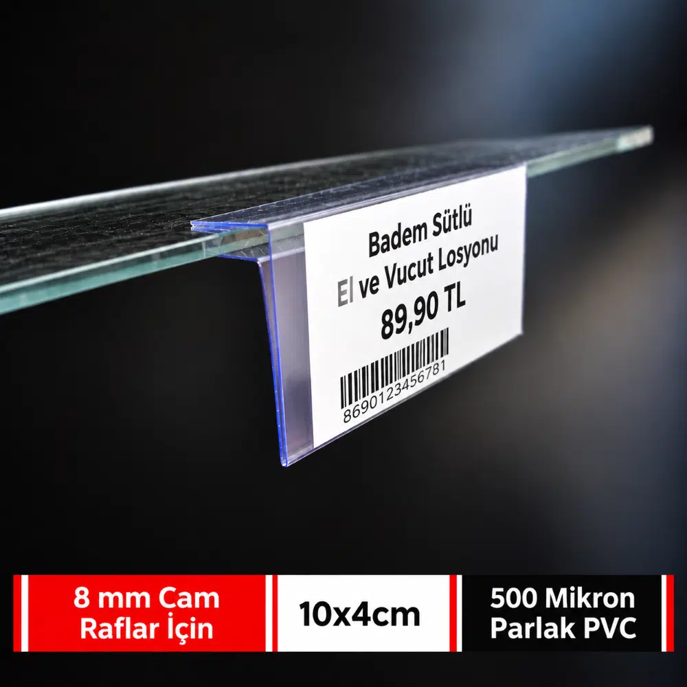 Cam Rafa Geçmeli Şeffaf PVC Etiketlik 10x4cm – 8mm