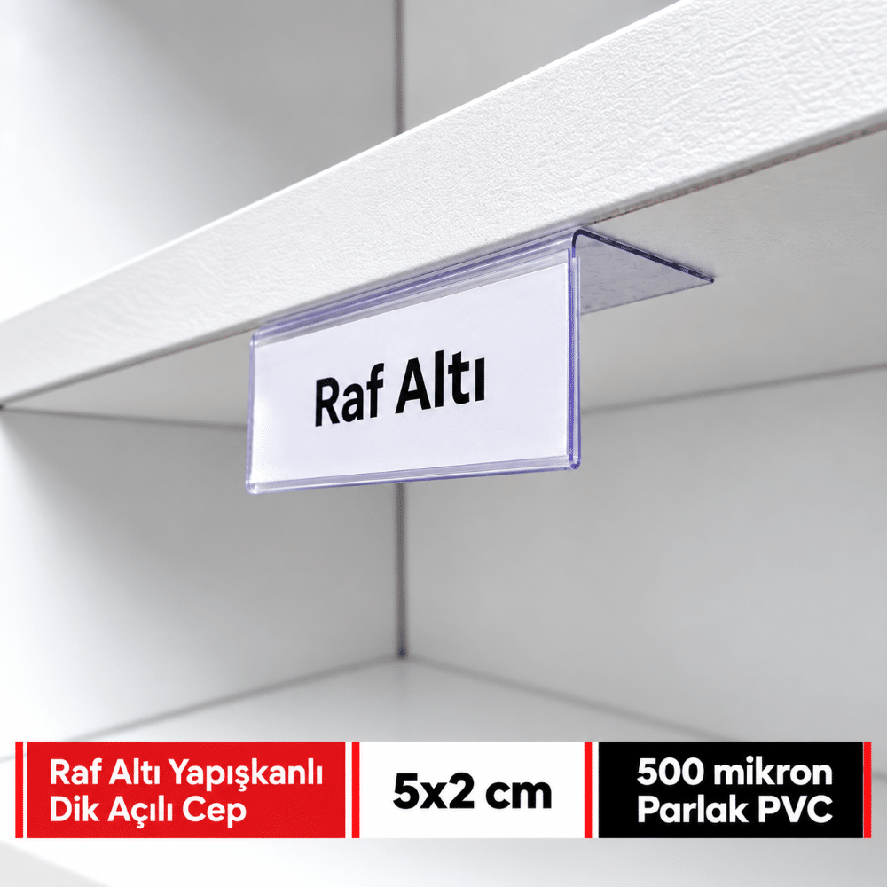 Raf Altı L Tipi Yapışkanlı PVC Şeffaf Etiketlik 5x2cm