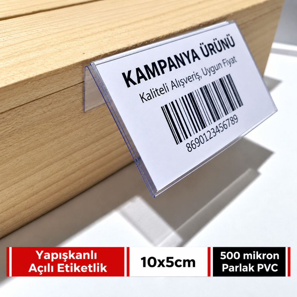 Raf Önü Açılı Yapışkanlı PVC Şeffaf Etiketlik 10x5cm