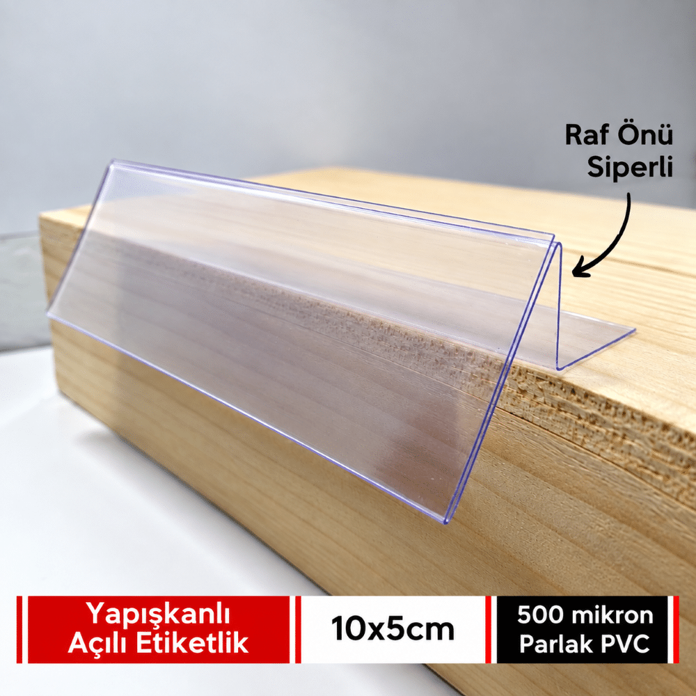 Raf Önü Siperli Yapışkanlı PVC Şeffaf Etiketlik 10x4cm