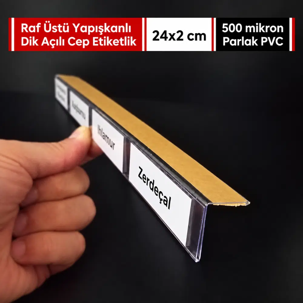 Raf Üstü L Tipi Yapışkanlı PVC Şeffaf Etiketlik 24x2cm